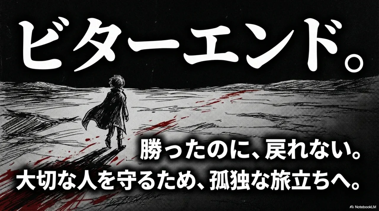 勝ったのに戻れず大切な人を守るため孤独に旅立つ魔太郎を示す画像