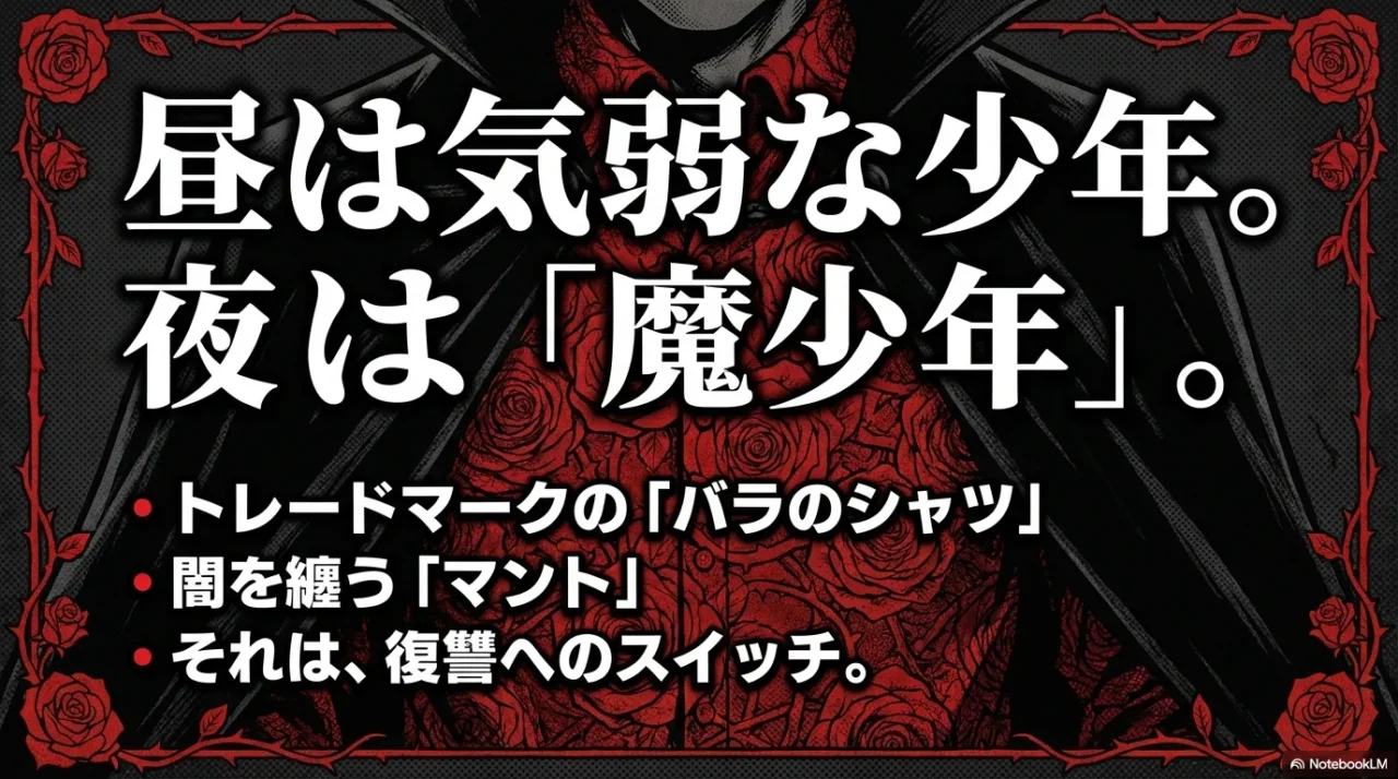 昼は気弱な少年で夜は魔少年という魔太郎の二面性を示す画像 画像の説明:作品の型(普段は弱い→スイッチ→儀式的に制裁)を読む前に、読者の理解