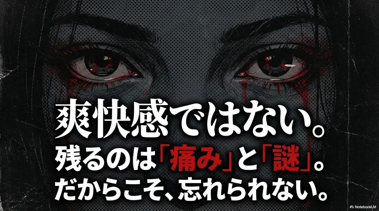 爽快感ではなく痛みと謎が残るから忘れられないという余韻を示す画像