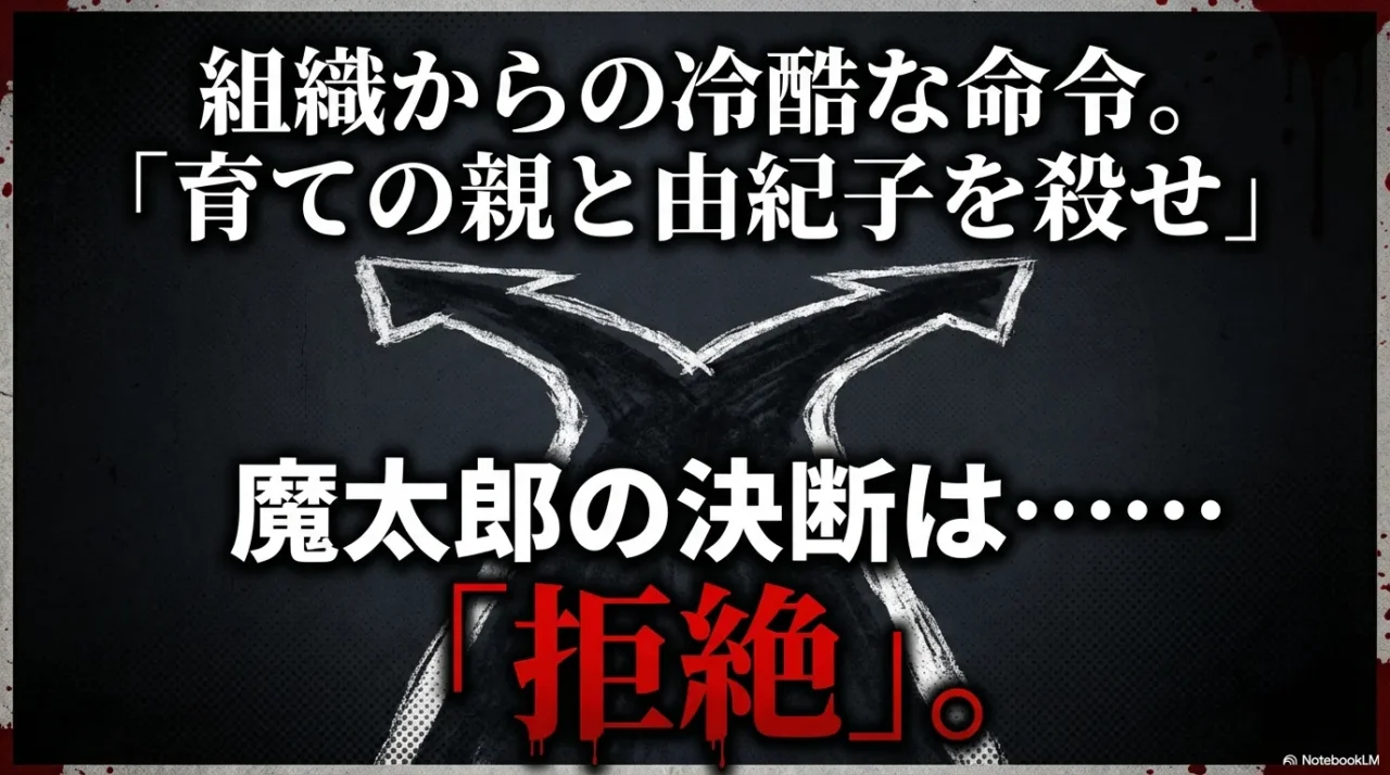 育ての親と由紀子を殺せという命令と魔太郎の拒絶を示す画像