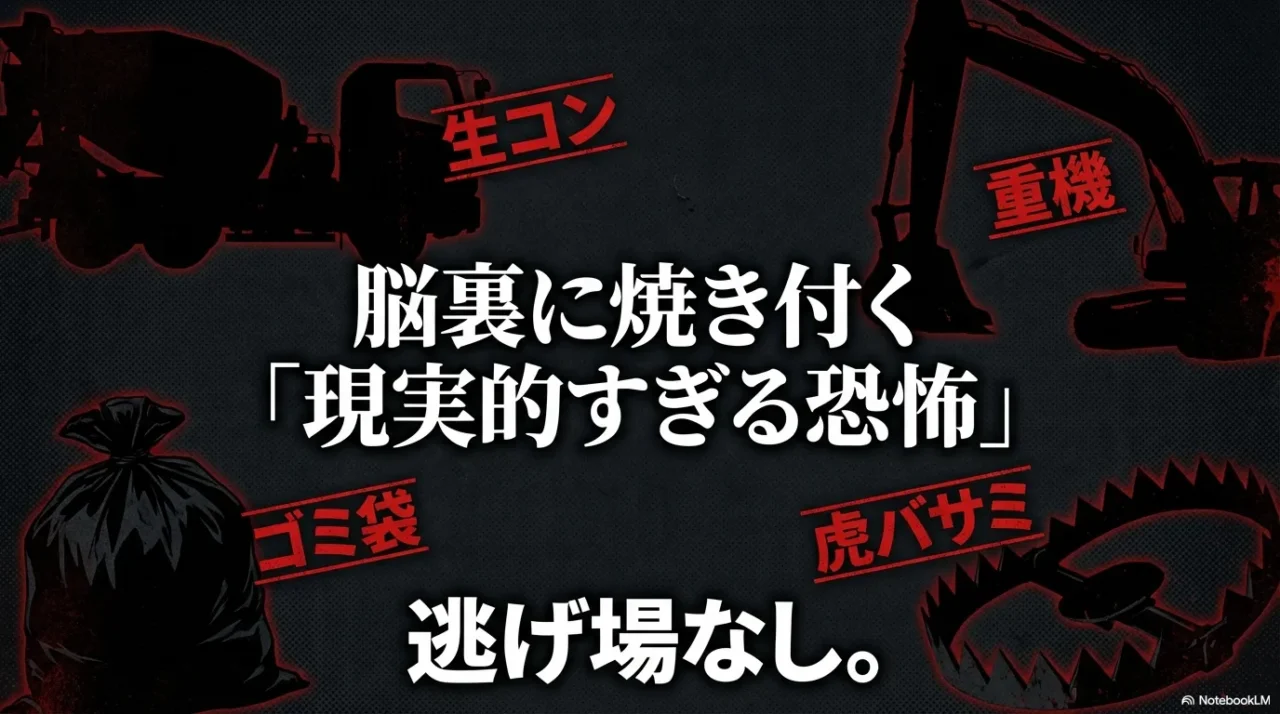生コンや重機やゴミ袋や虎バサミなどトラウマ要素を象徴的に示す画像