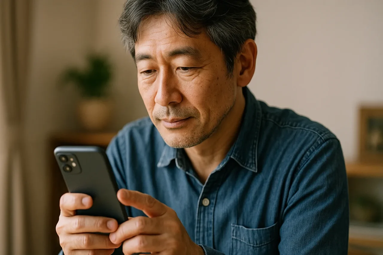 マッチングアプリを操作する50代の日本人男性