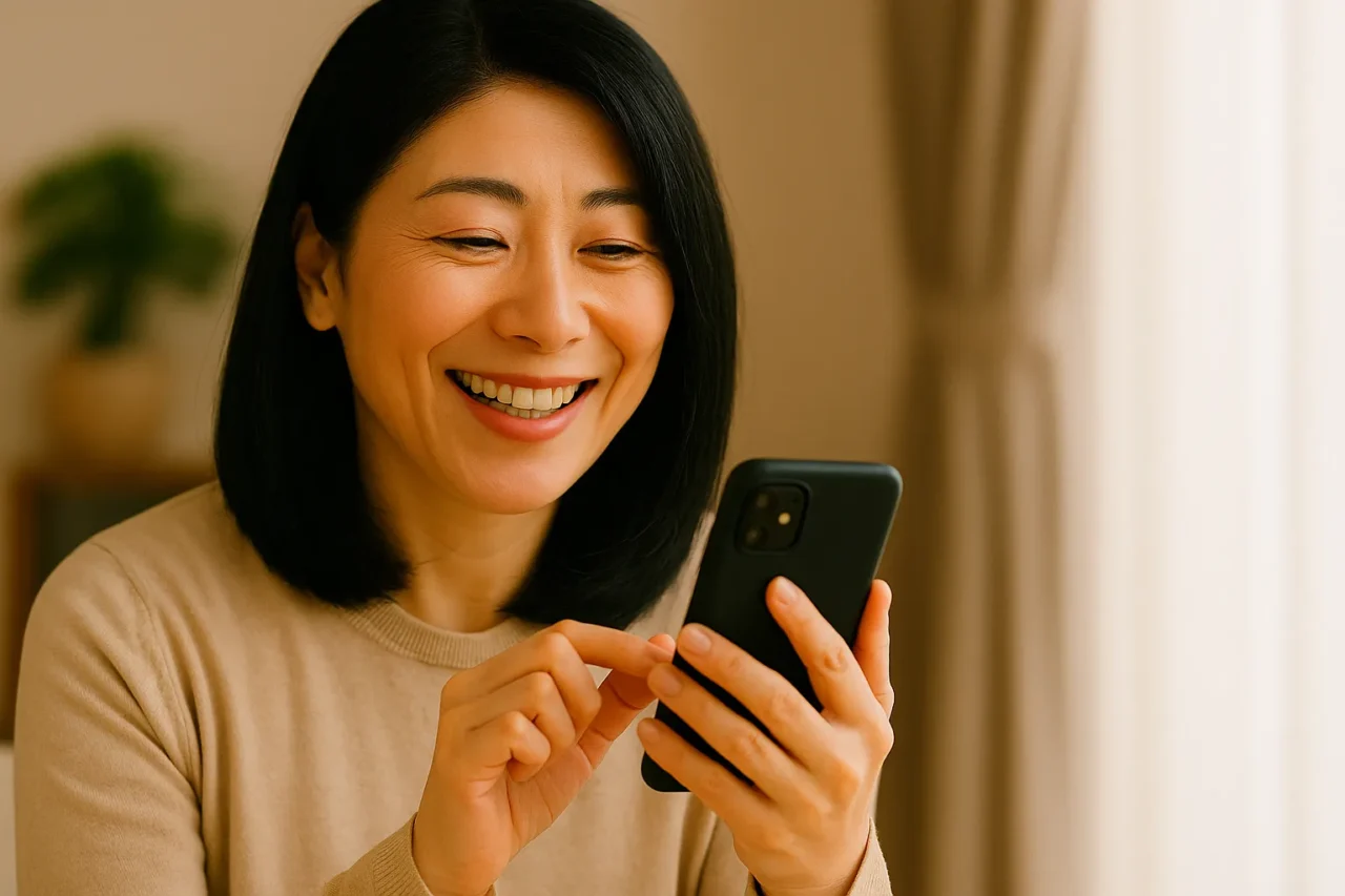 マッチングアプリを操作して微笑む50代の日本人女性
