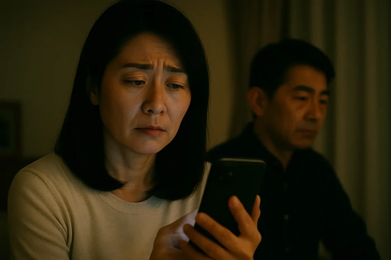 スマホを見て不安げな表情を浮かべる50代の日本人女性と、その背後に沈んだ様子の男性
