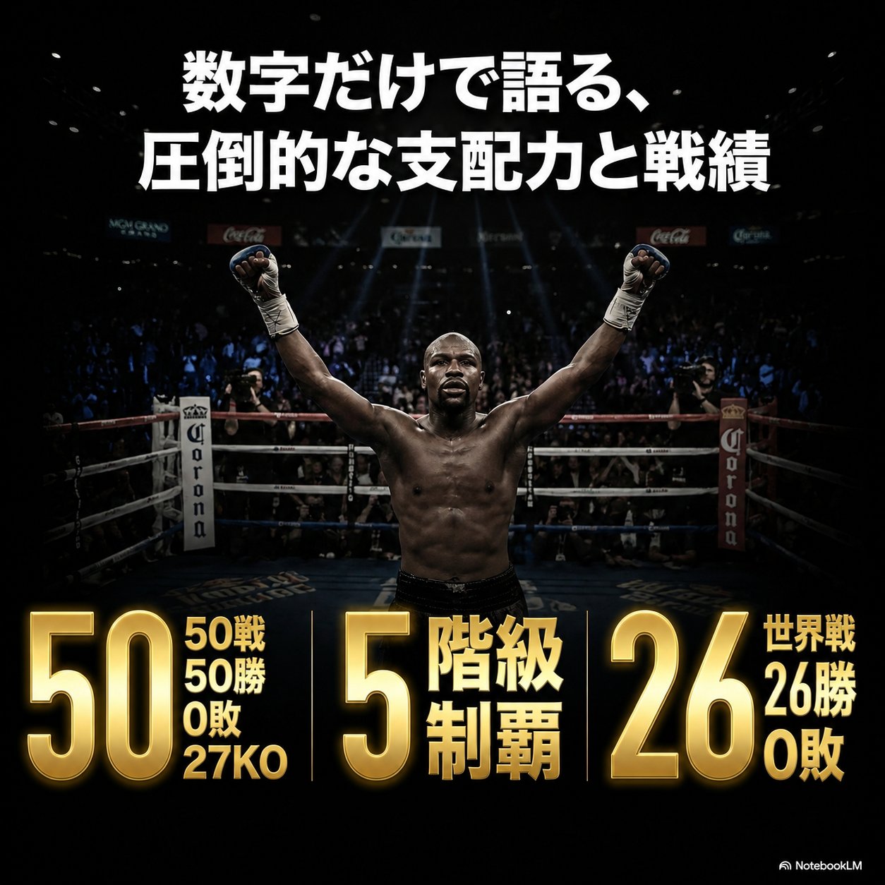 両手を上げてリングに立つメイウェザーの写真と、「50戦50勝0敗27KO」「5階級制覇」「世界戦26勝0敗」という戦績数字を並べたインフォグラフィック。