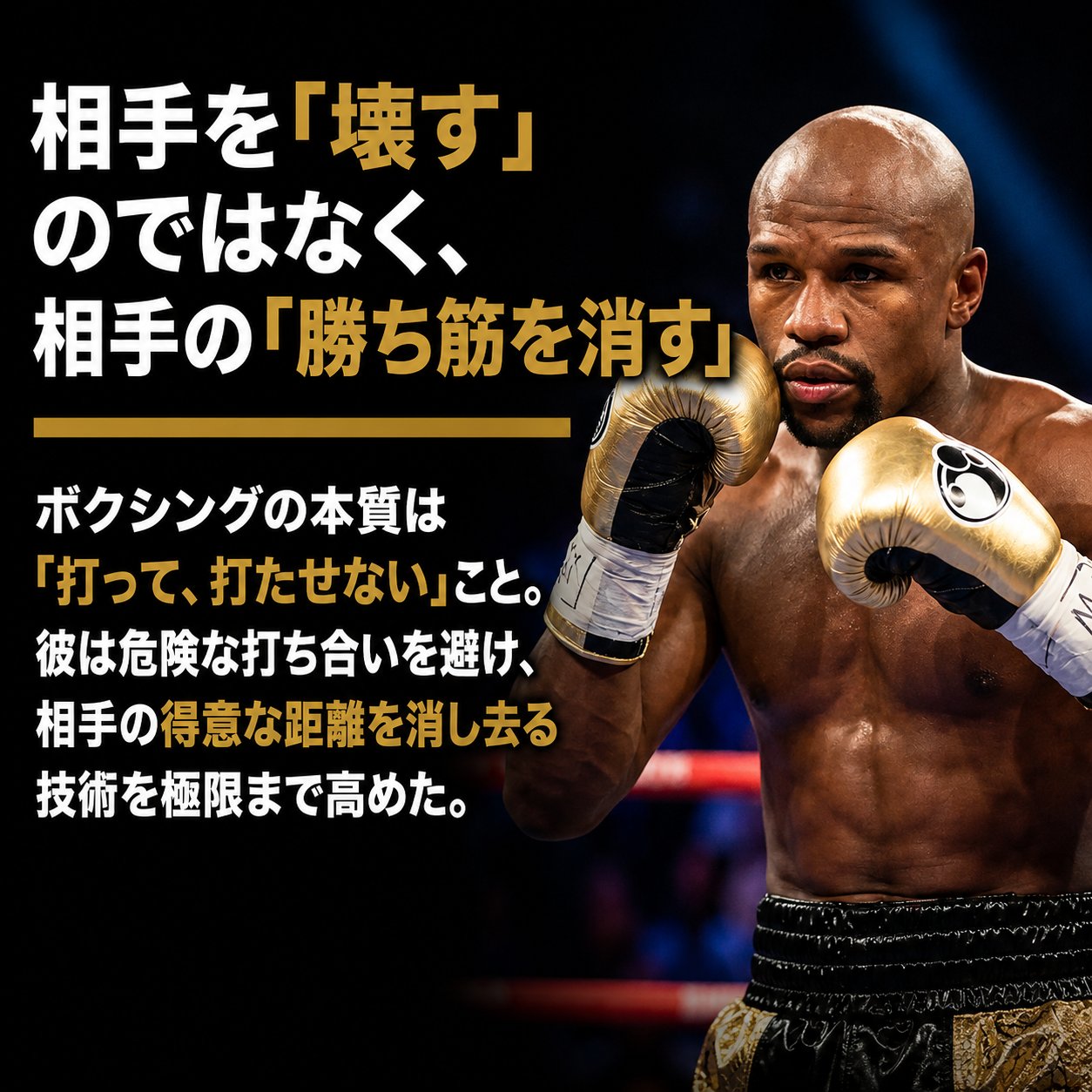 ゴールドのグローブでガードを固めるメイウェザーのファイティングポーズと、「相手の勝ち筋を消す」という防御哲学を説明したテキストを組み合わせた画像。