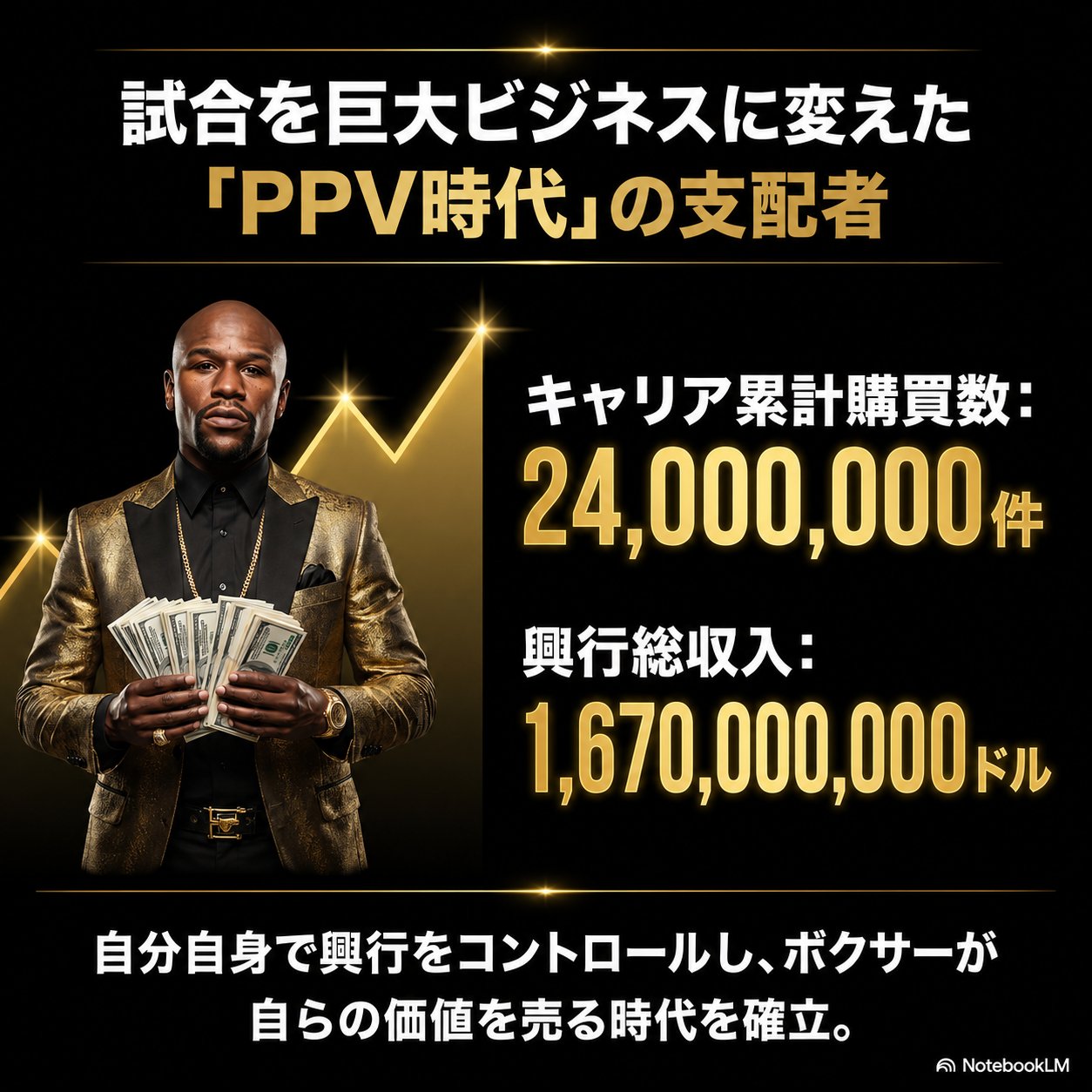 金色のスーツで札束を持つメイウェザーの写真と、キャリア累計PPV購買数2,400万件・興行総収入16億7,000万ドルという数字を示したインフォグラフィック。
