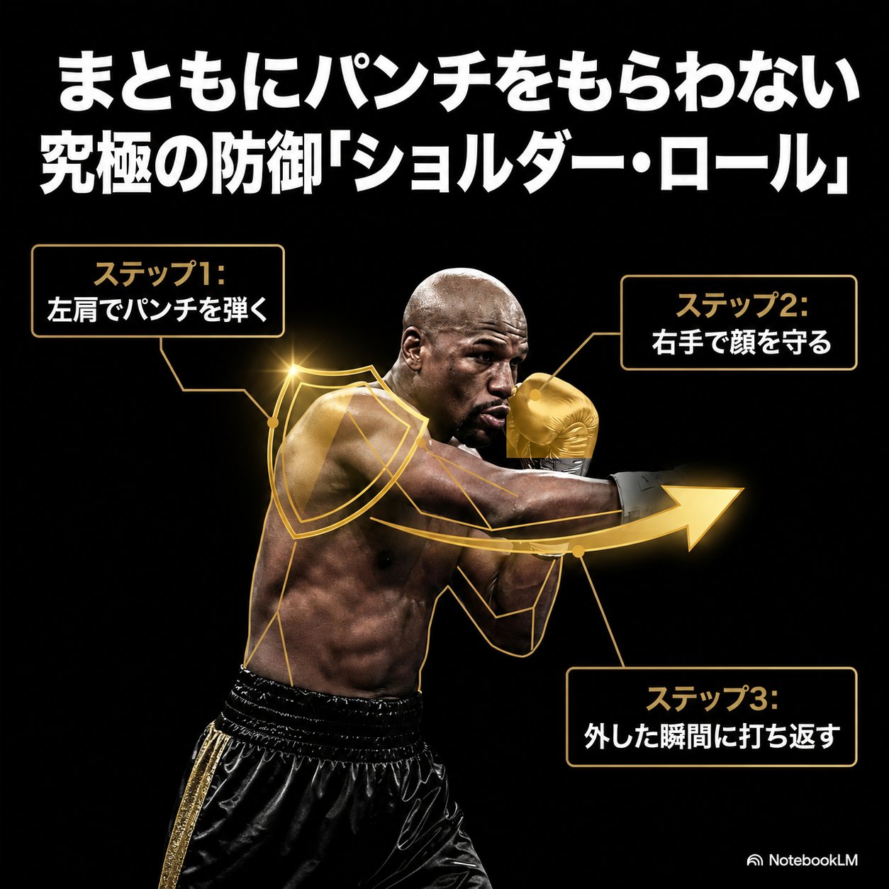 メイウェザーの上半身に金色の線で防御動作を図示し、ショルダーロールの手順を「左肩で弾く」「右手で顔を守る」「外した瞬間に打ち返す」の3ステップで示した解説図。