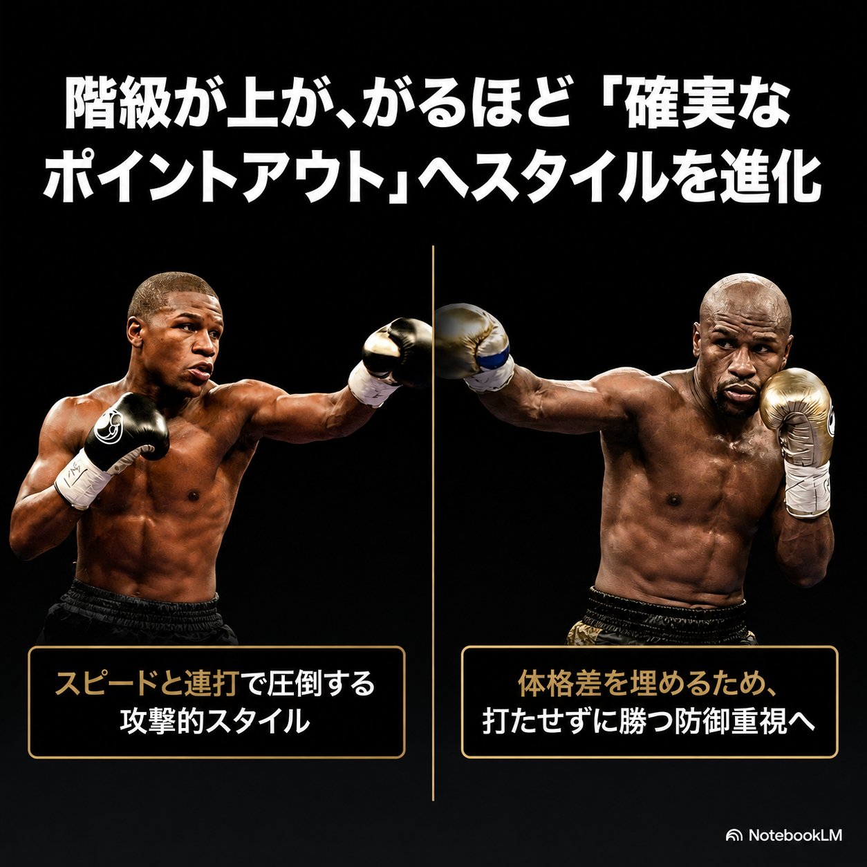 若い頃の攻撃的なメイウェザーと、階級を上げた後の防御重視のメイウェザーを左右に並べ、スタイルの進化を比較した写真。