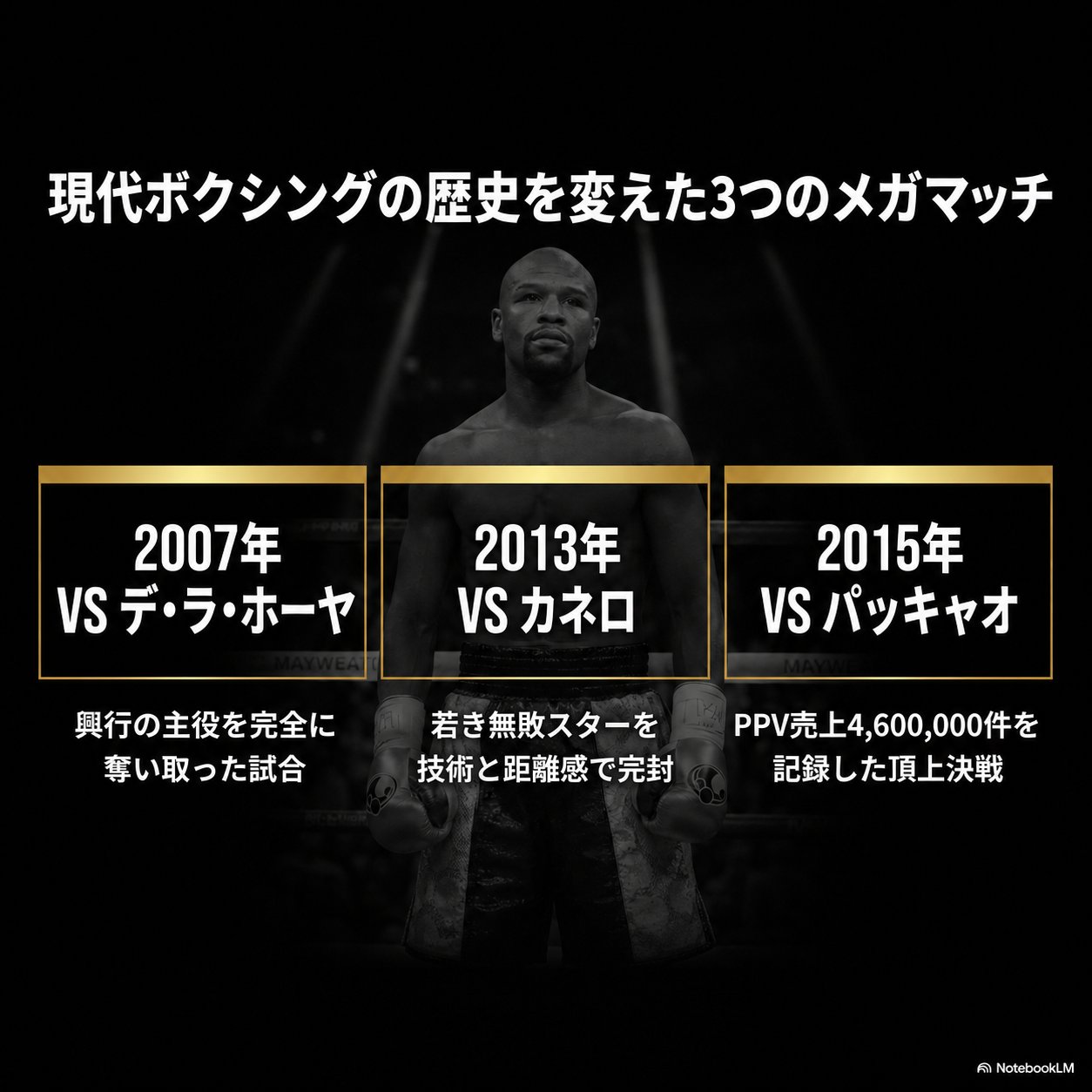 薄暗いリングに立つメイウェザーを背景に、デ・ラ・ホーヤ戦(2007年)、カネロ戦(2013年)、パッキャオ戦(2015年)の3大ビッグマッチを年表形式で並べた画像。