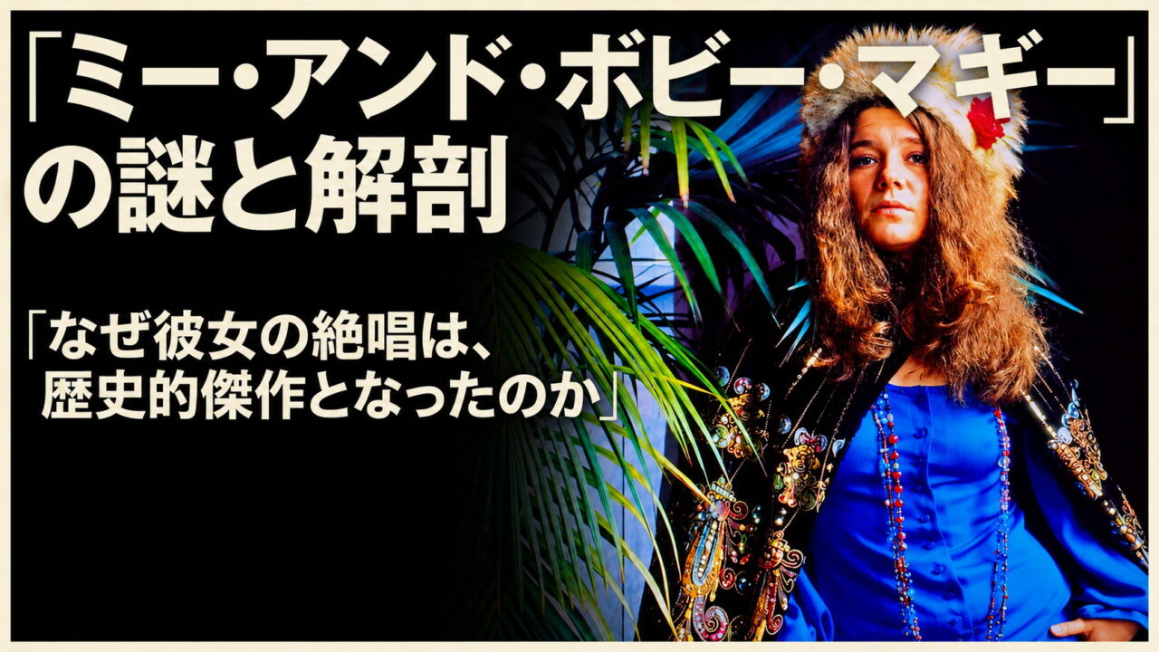 毛皮の帽子とジャニス・ジョプリンの写真の左に、記事タイトル「ミー・アンド・ボビー・マギー」の謎と解剖と副題を配置した横長のアイキャッチ画像