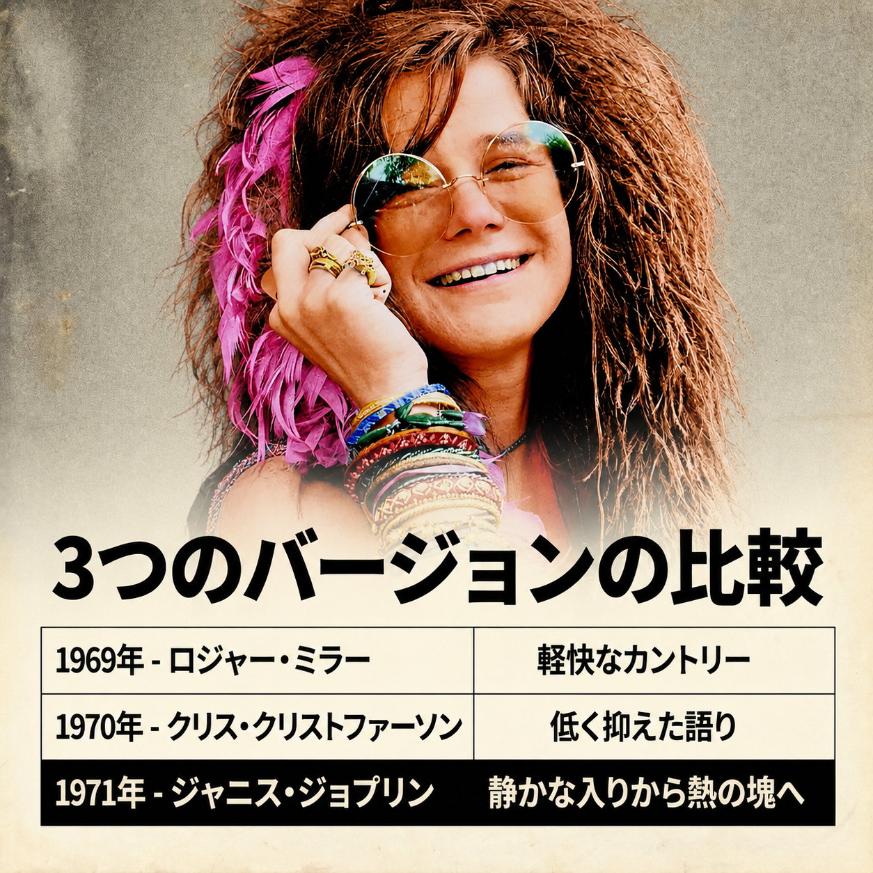 羽根飾りと丸眼鏡をつけて笑うジャニス・ジョプリンの写真の下に、1969年から1971年までの3つの録音を年と音の性格で並べた比較表を配置した画像