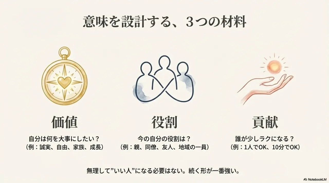 人生の意味とは今日の行動に方向を与えるコンパスであるというイラスト