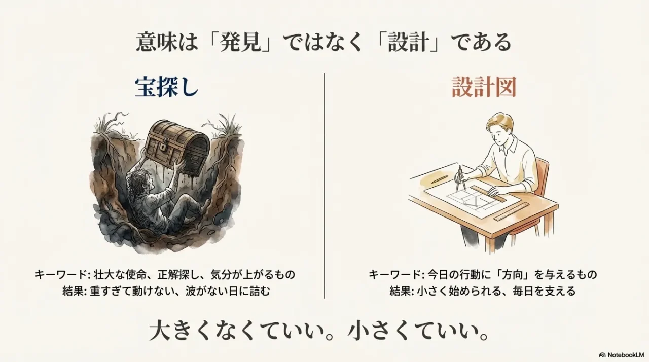 人生の意味は埋まった宝を探す「発見」ではなく、自分で描く「設計」であるという対比イラスト