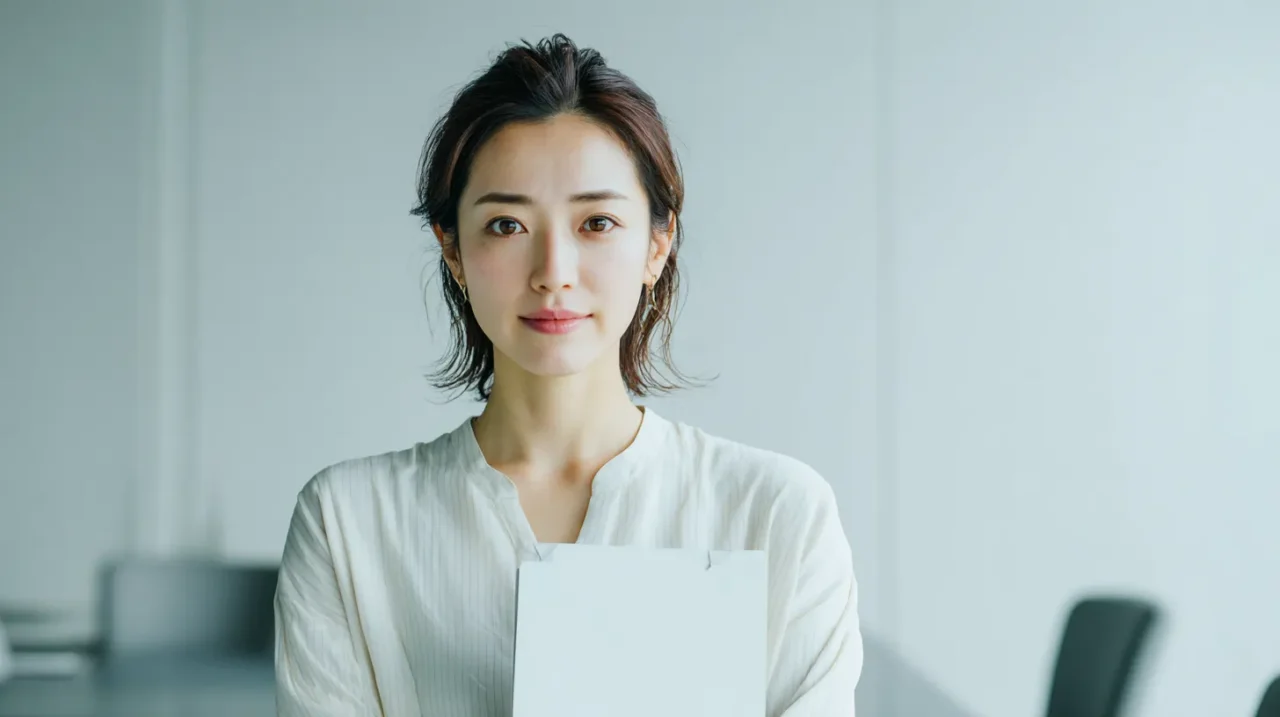 明るい会議室で書類を手にし、休職手続きの準備をする女性
