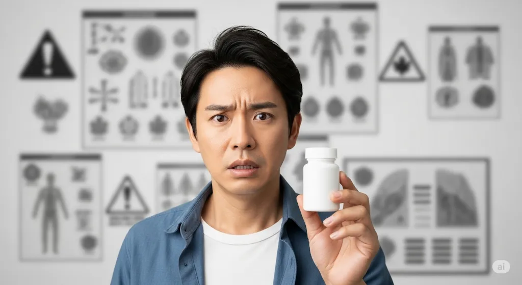 男性が薬瓶を持ち、治療薬の副作用やリスクについて困惑した表情を浮かべている。背景には人体の図や危険を示すマークが描かれた資料がぼやけて写っている。