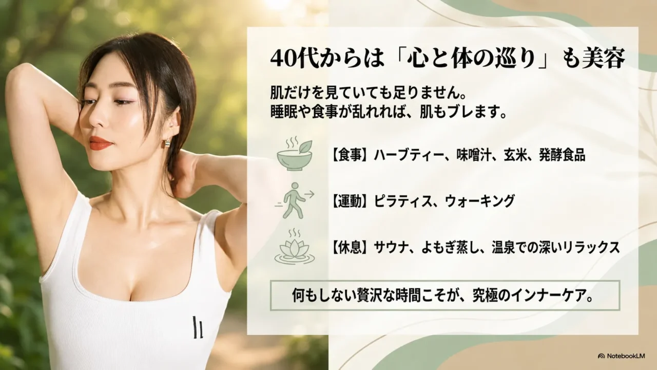 40代からのMEGUMIさん流ウェルエイジングとして食事運動休息を整える画像