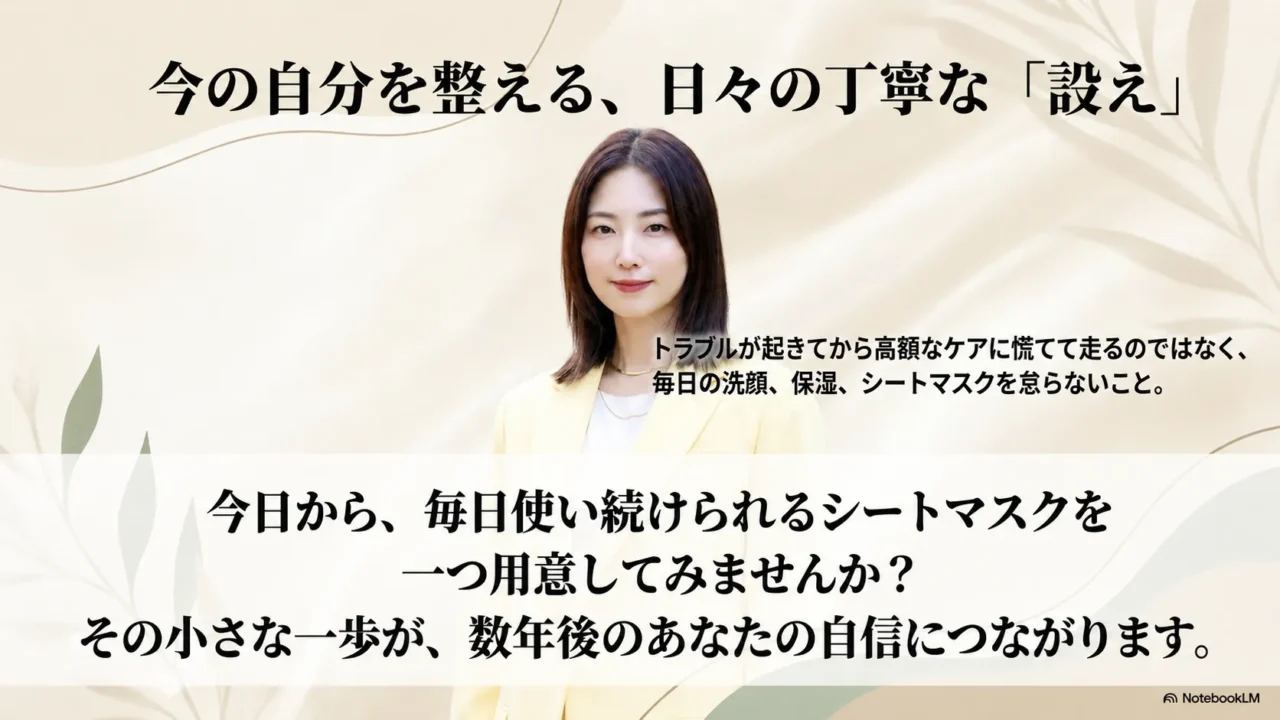 MEGUMIさん流アンチエイジングのまとめとして毎日のシートマスク習慣を促す画像