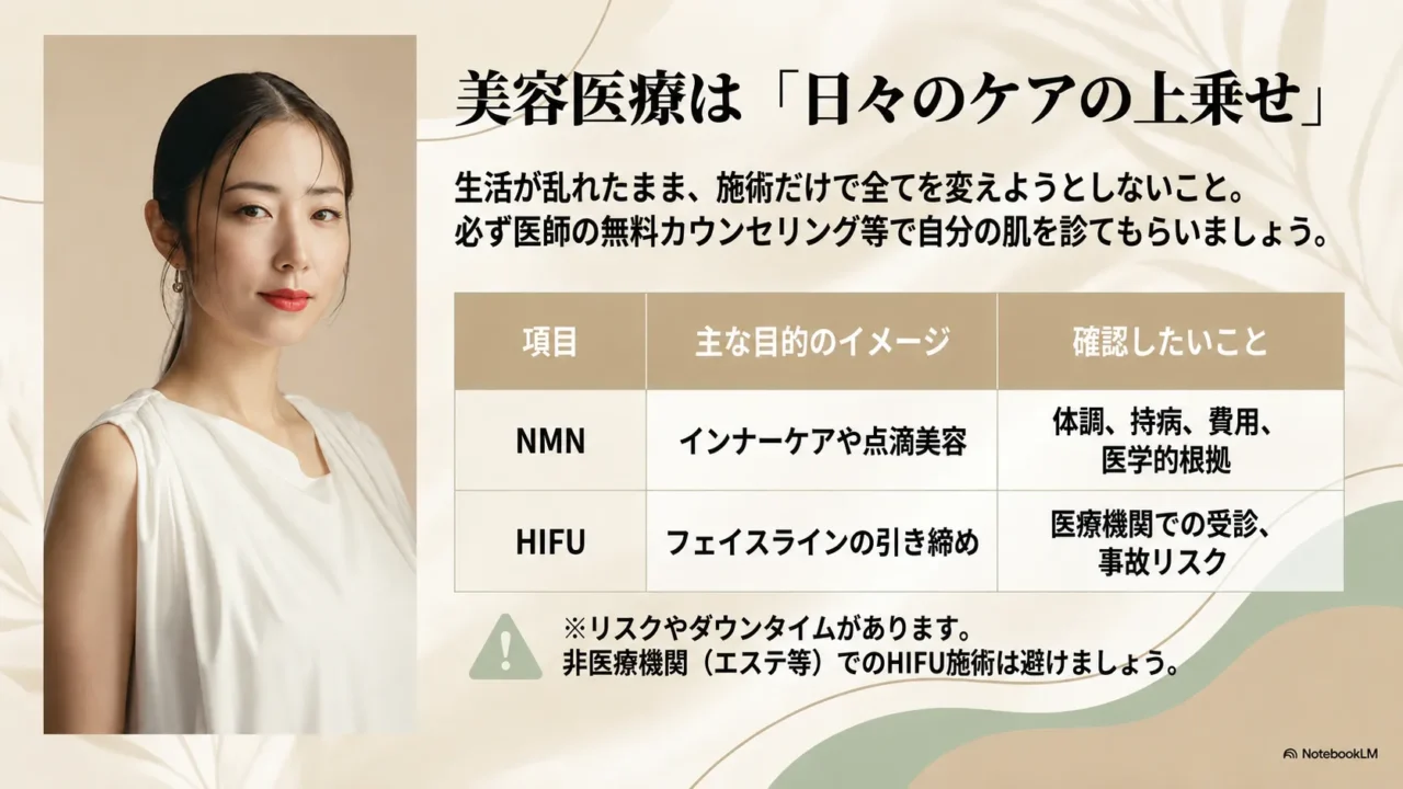 MEGUMIさんの美容医療は日々のケアに上乗せする選択肢だと説明する画像