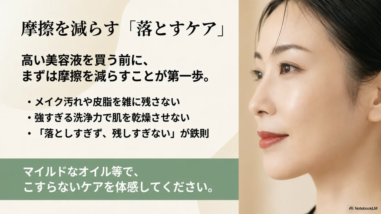 MEGUMIさん流スキンケアで摩擦を減らす落とすケアの重要性を説明する画像