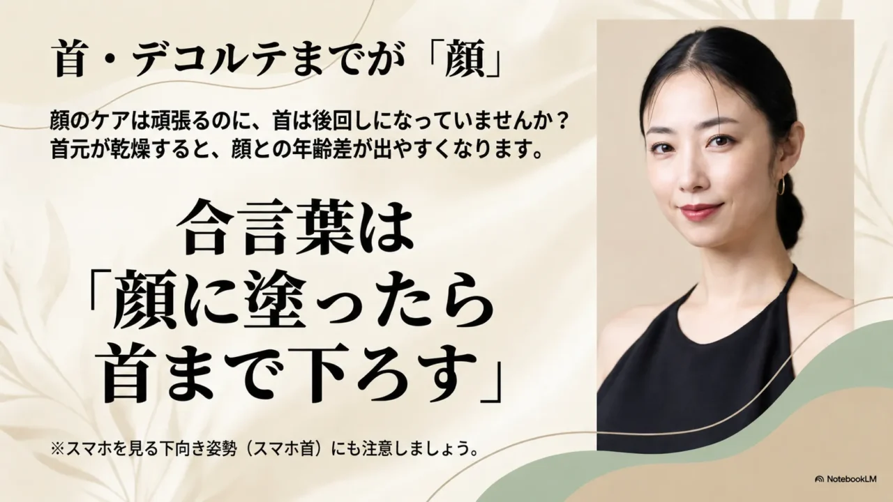 首とデコルテまで顔と同じように保湿するMEGUMIさん流ケアを説明する画像