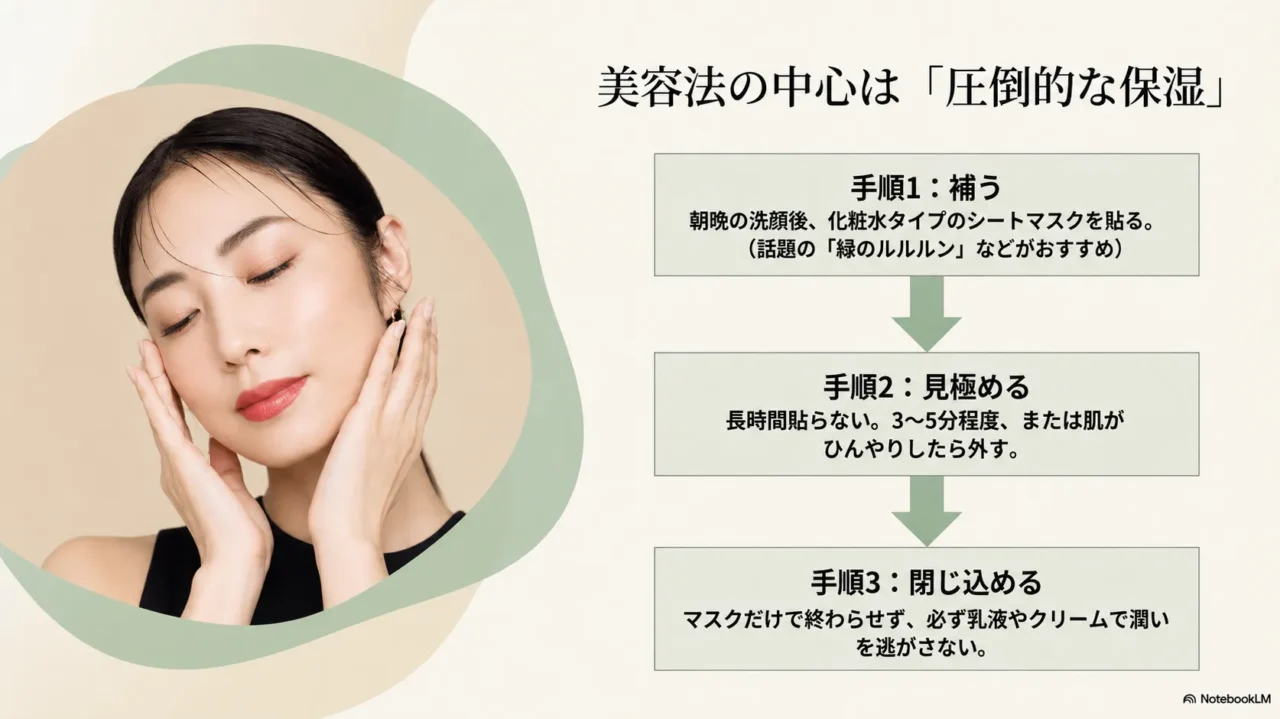 MEGUMIさん流のシートマスク習慣として補う見極める閉じ込める3手順を示す画像