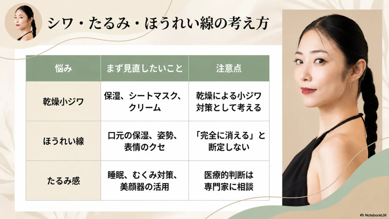 シワたるみほうれい線の悩み別に保湿や姿勢や睡眠などの見直しポイントをまとめた画像