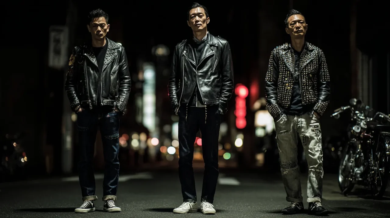 夜の街灯とネオンを背景に、黒の革ジャンとデニムやスタッズ入り鋲ジャンを着た3人の男性が路上に並んで立ち、パンク寄りのメンズ革ジャンコーデをそれぞれ違うスタイルで見せている写真