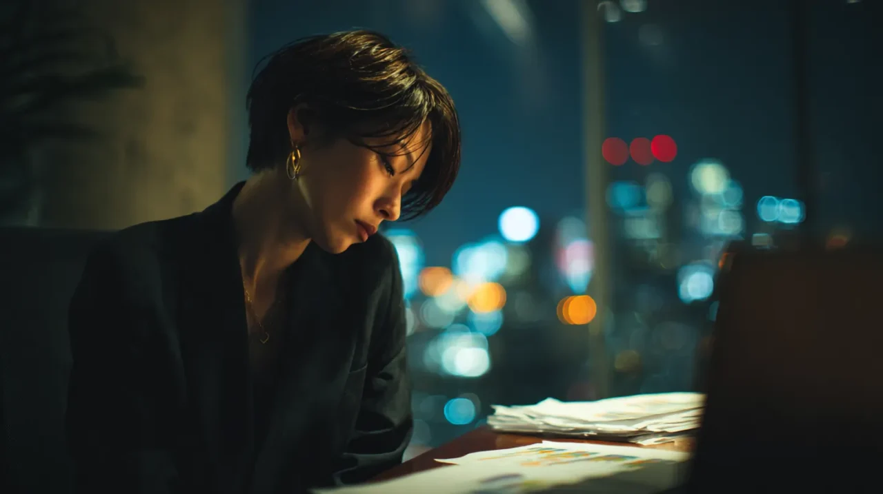 労災認定の基準や書類を確認しながら夜のオフィスで疲れた様子の日本人女性のイメージ写真