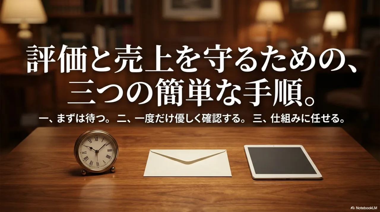 待つ・一度だけ確認・仕組みに任せる三手順を示すイメージ写真