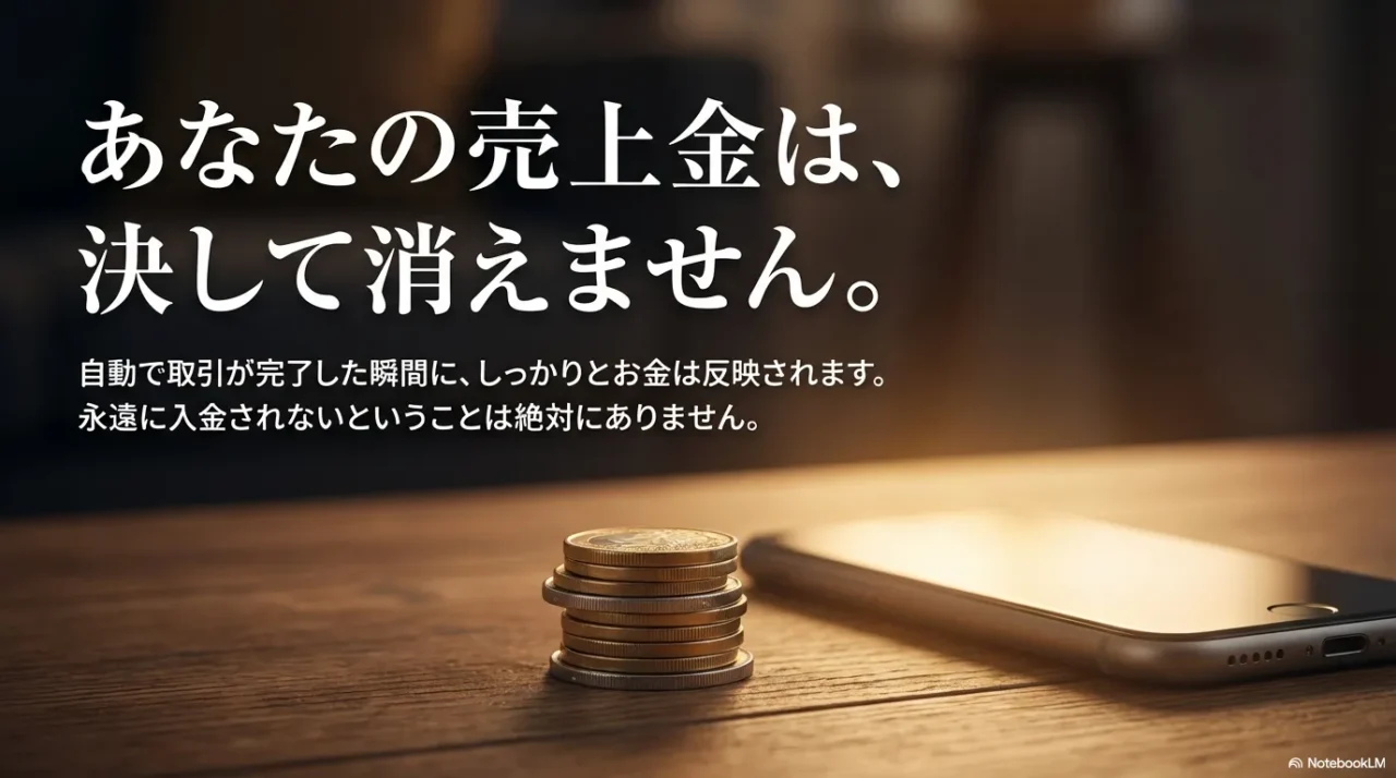 自動取引完了などの仕組みで売上金が守られることを示すイメージ写真