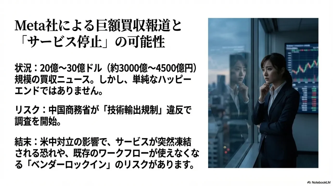Meta社によるManus AI買収報道と、米中対立によるサービス停止・凍結のリスク。