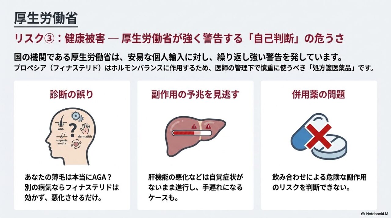 医師の診断がないことによる、AGA以外の脱毛症の誤診、副作用の予兆見逃し、併用薬問題のリスク解説