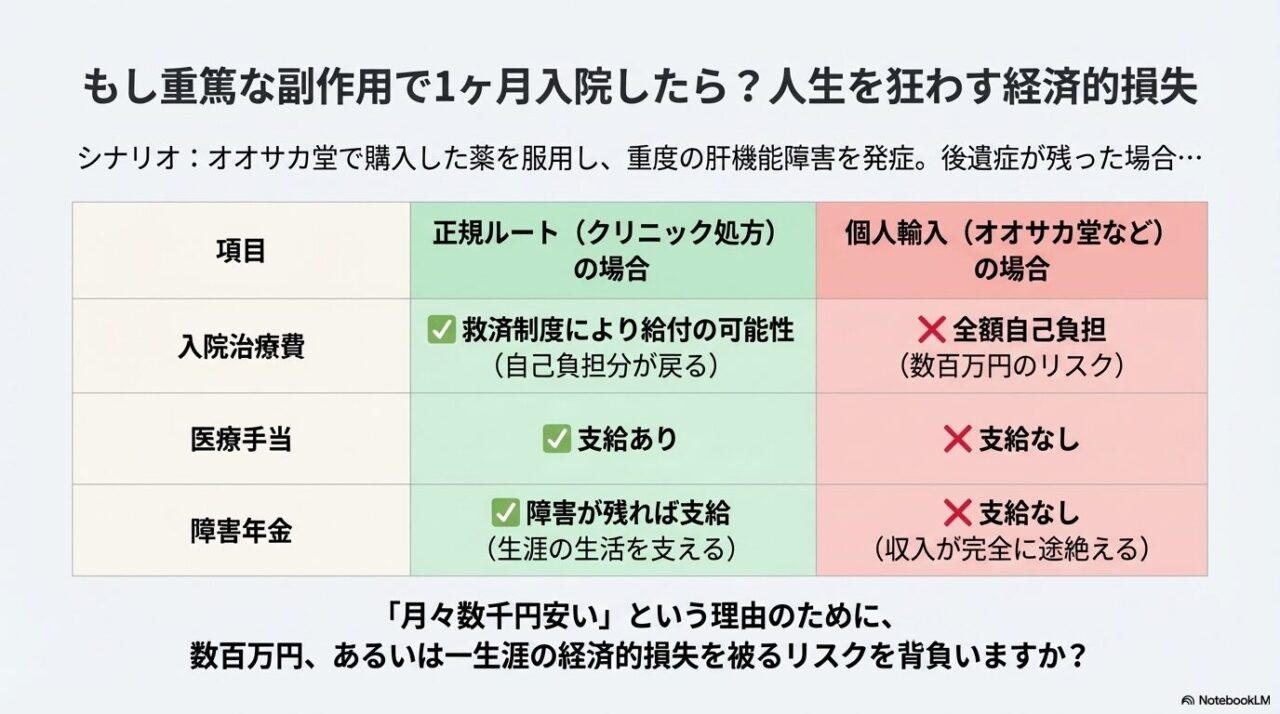 重篤な副作用で入院した場合の、正規ルート(給付あり)と個人輸入(全額自己負担・数百万の損失)の比較シミュレーション表