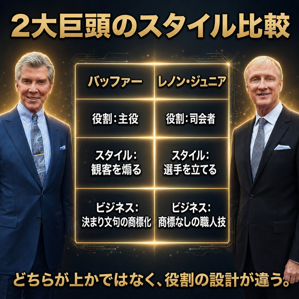 マイケル・バッファーとジミー・レノン・ジュニアを、役割、スタイル、ビジネスの3項目で左右に並べて比較した表形式の解説画像。両者が表を挟んで立っている。