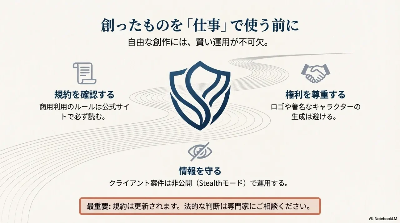 商用利用では規約確認、権利が強い要素の回避、クライアント案件は非公開（Stealth）運用など情報保護が重要だと示す図。