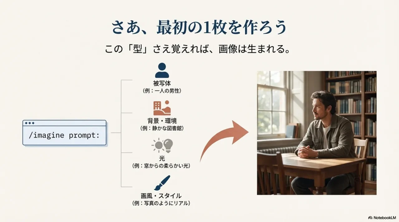 /imagine promptの型として、被写体・背景環境・光・画風スタイルの4要素で組み立てることを説明する図。