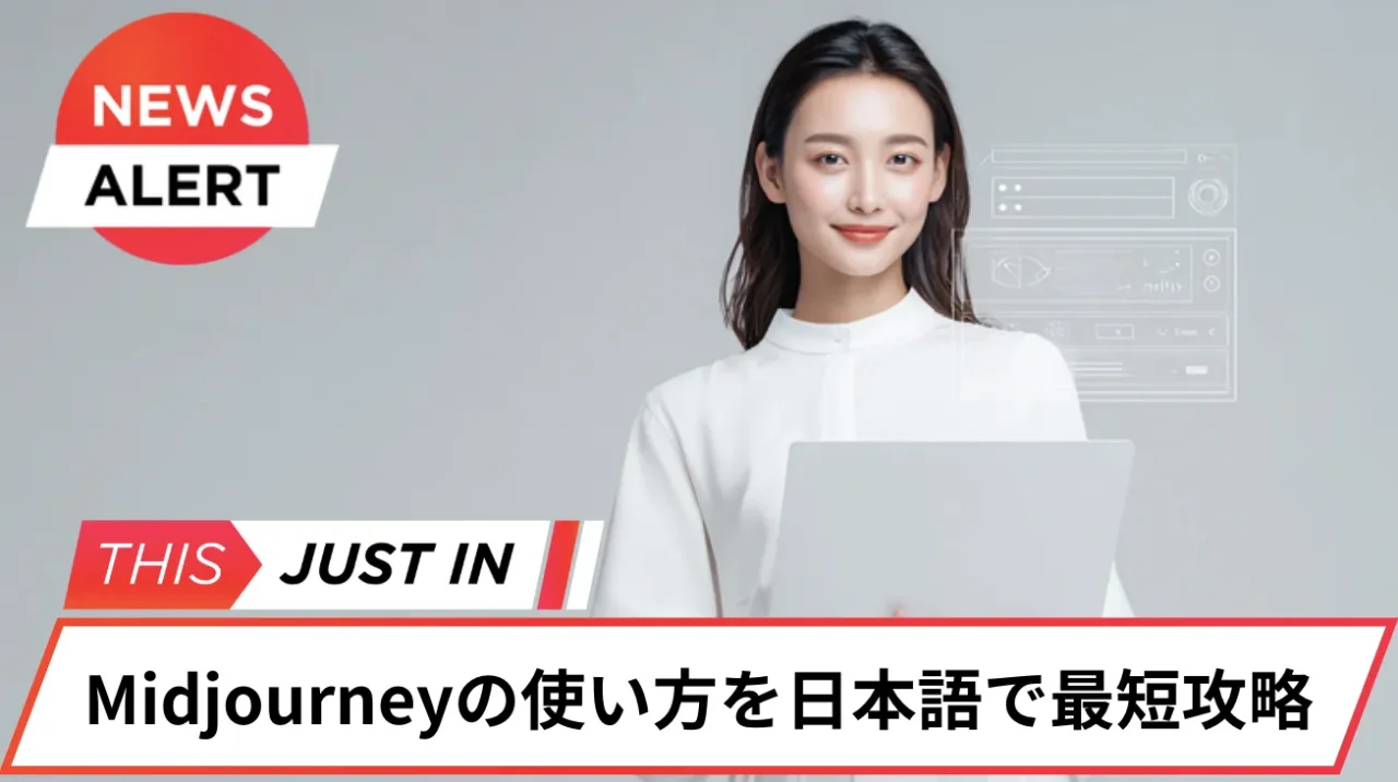 ノートパソコンを持つ日本人女性が、Midjourneyの使い方を日本語で解説するイメージビジュアル