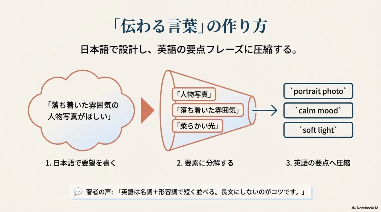 日本語の要望を要素に分解し、英語の短い要点フレーズ（例：portrait photo、calm mood、soft light）に圧縮する手順図。