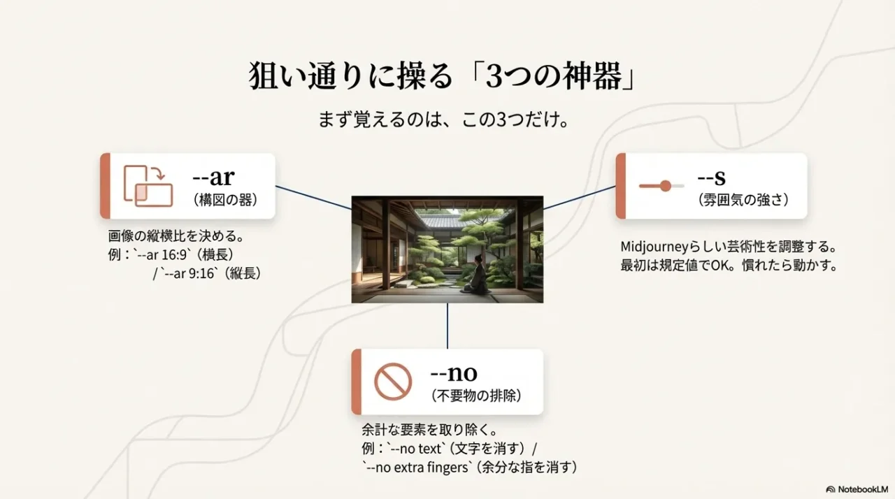 --arで縦横比、--sでスタイルの強さ、--noで不要物を除外する、主要3パラメータの役割をまとめた図。