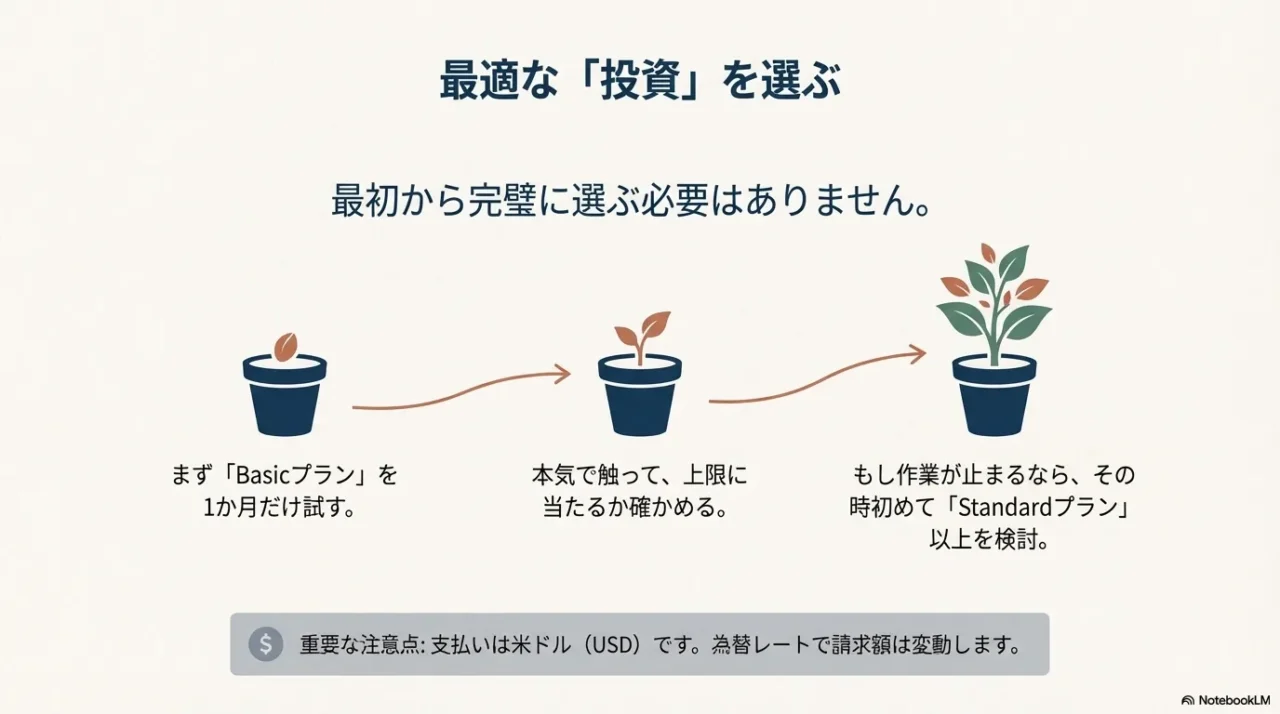 Basicを1か月試し、上限に当たるならStandard以上を検討する流れと、支払いがUSDである注意点を示す図。