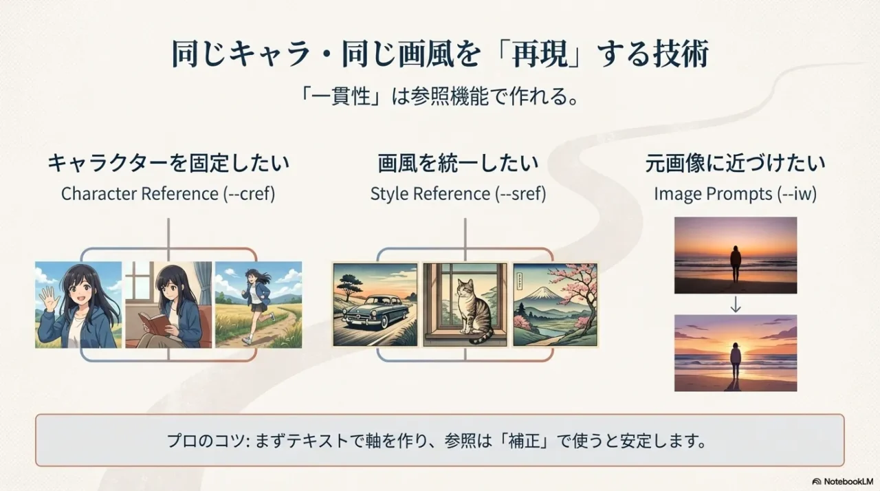 キャラ固定はCharacter Reference（--cref）、画風統一はStyle Reference（--sref）、元画像に寄せるのはImage Prompts（--iw）で行うことを示す図。