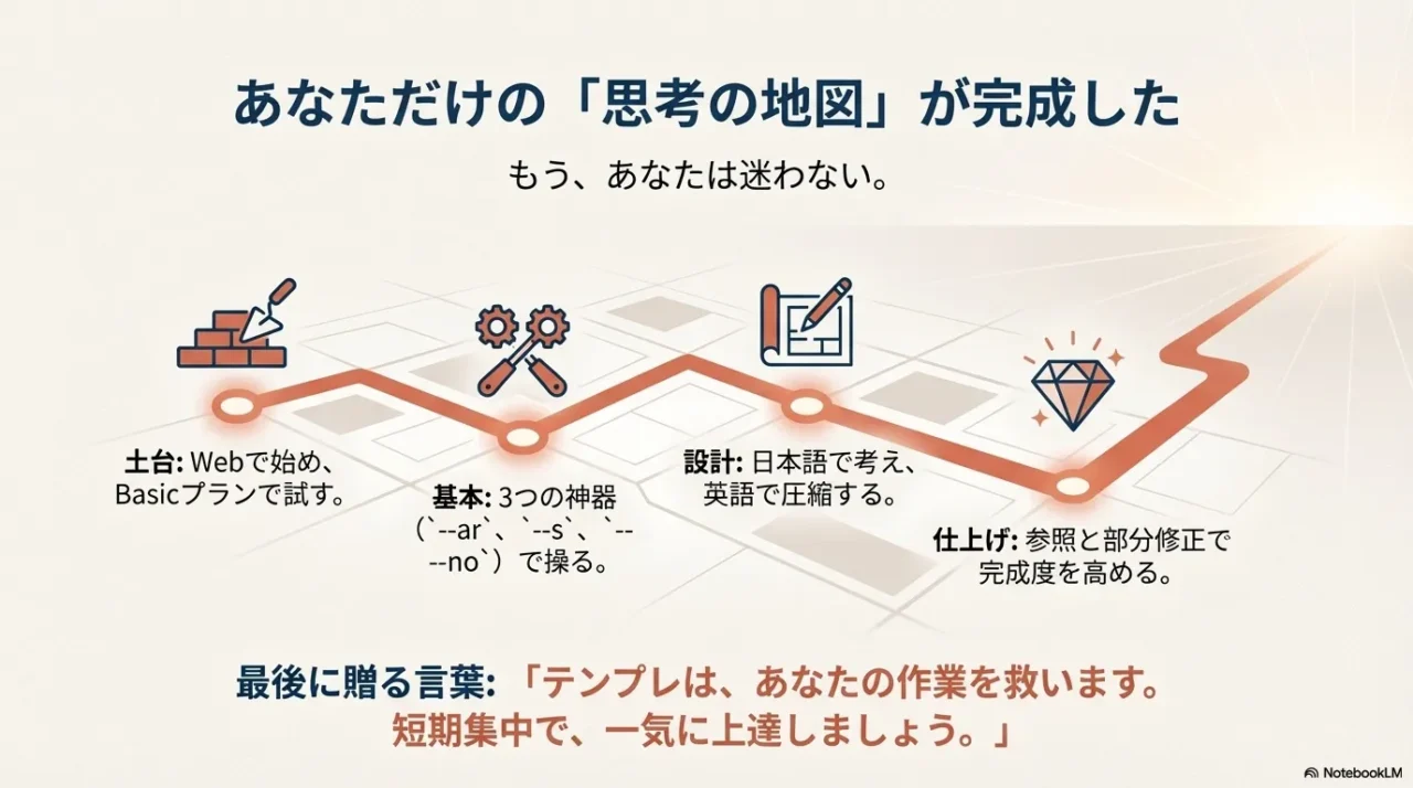 土台（Webで開始・Basicで試す）→基本（--ar/--s/--no）→設計（日本語→英語に圧縮）→仕上げ（参照と部分修正）までの流れをまとめた図。
