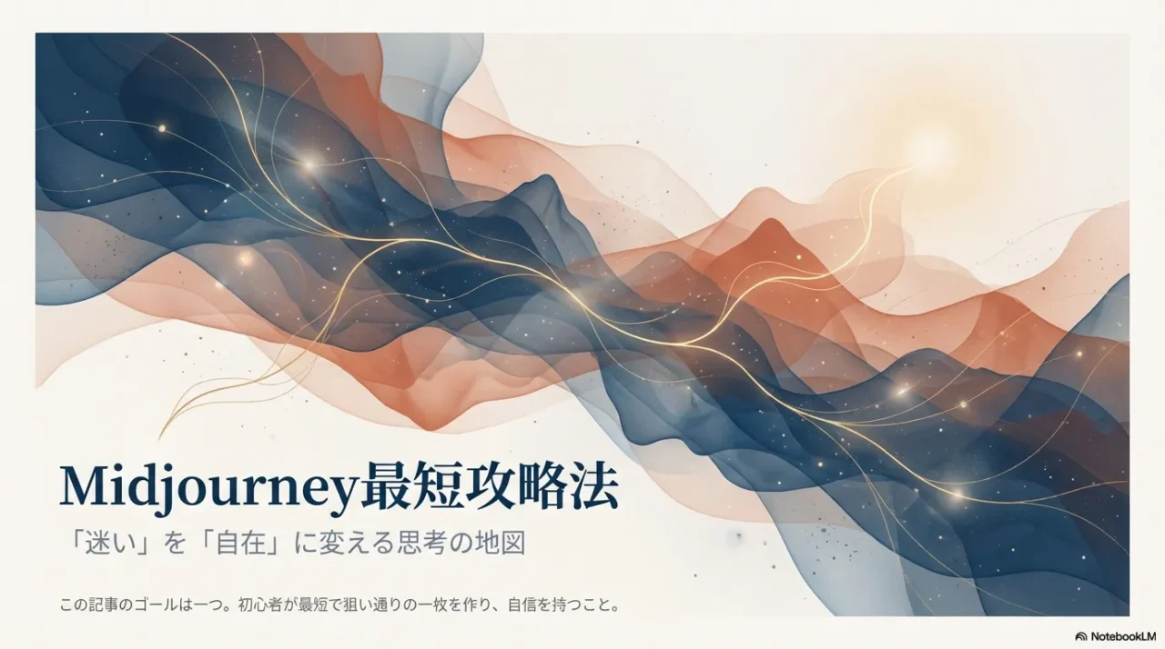 Midjourney最短攻略法の表紙。迷いを自在に変える「思考の地図」というコンセプトを示すデザイン。
