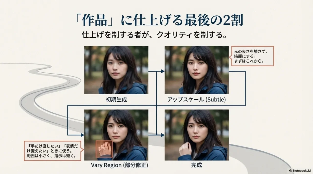 初期生成からアップスケール（Subtle）で品質を上げ、必要箇所をVary Regionで部分修正して完成させる流れを示す図。