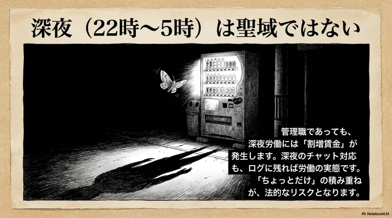 「深夜は聖域ではない」というテキスト。管理職であっても深夜労働には割増賃金が発生し、ログに残れば労働の実態となることを説明したイラスト。