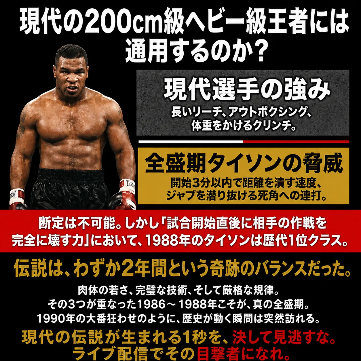 全盛期マイク・タイソンが現代の200cm級ヘビー級王者に通用するか検証するボクシング比較画像。現代選手の長いリーチやアウトボクシングと、1986~1988年タイソンの距離を潰す速度や連打を対比し、ライブ配信視聴を訴求。