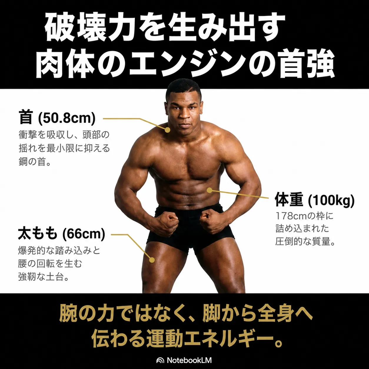 破壊力を生み出す肉体を解説するインフォグラフィック。筋肉質なボクサーの写真に、首50.8cm、体重100kg、太もも66cmの数値と、脚から全身へ伝わる運動エネルギーの重要性を示している。