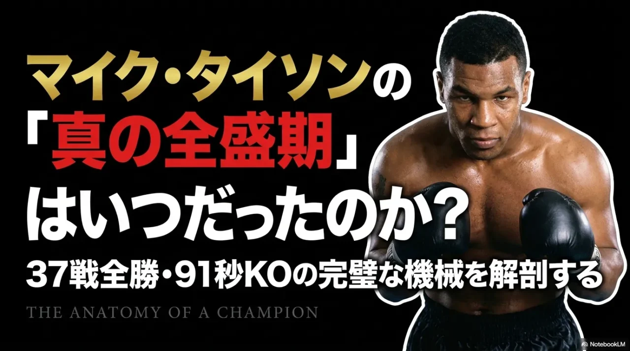 ボクシングのファイティングポーズをとる若き日のマイク・タイソン。黒い背景に「マイク・タイソンの『真の全盛期』はいつだったのか？37戦全勝・91秒KOの完璧な機械を解剖する」という日本語テキストが記載されたサムネイル画像。