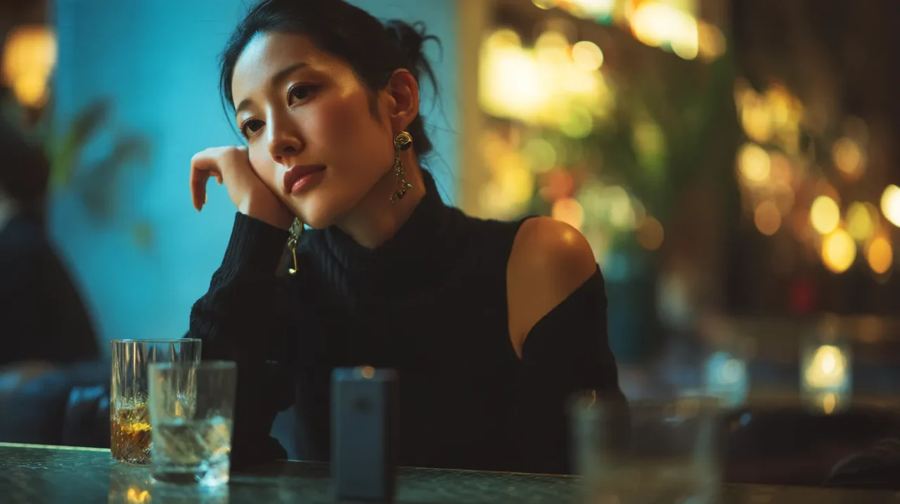 バーで飲み物と水のグラスを前に考え込む女性。飲みすぎや一気飲みを避ける意識を連想させる